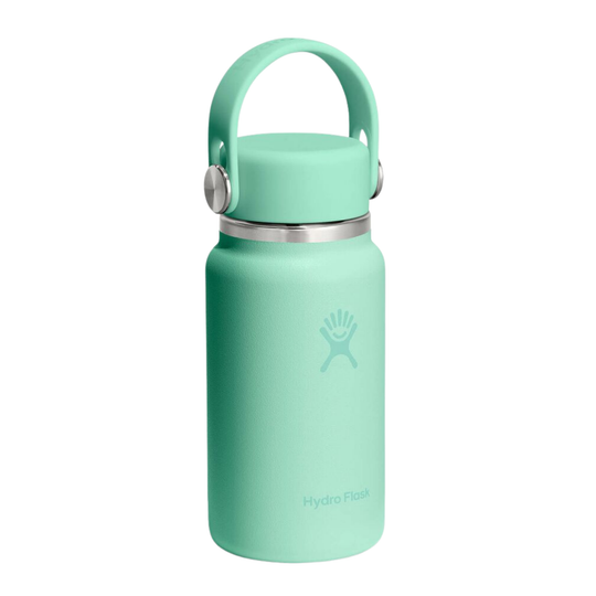 A mint green Hydro Flask insulated water bottle with a matching silicone carry loop lid and a silver stainless steel band, shown on a solid white background.
