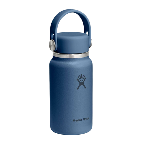 Blue Hydro Flask water bottle with a handle on a white background