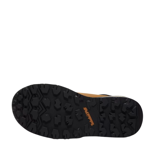 A top-down view of a black rugged sole with deep lugs and a small orange Carhartt logo, shown against a plain white background.