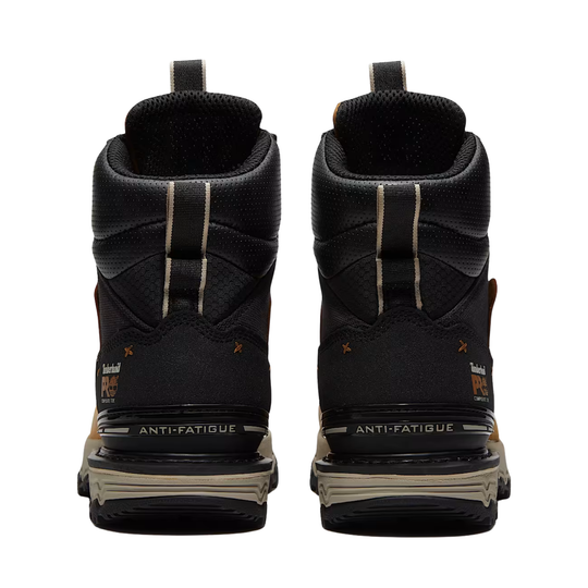 A pair of black mid-cut work boots shown from the back, featuring beige and brown accents, 'Industrial Pro' branding, and 'ANTI-FATIGUE' text on the midsoles, set against a plain white background.