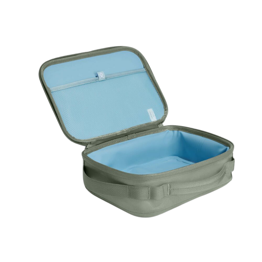 An open rectangular soft-sided case with a light blue interior and a muted sage green exterior, shown on a plain white background.