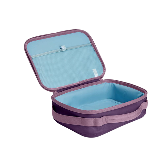 An open rectangular travel organizer case with a purple exterior and a light blue interior, shown on a plain white background.