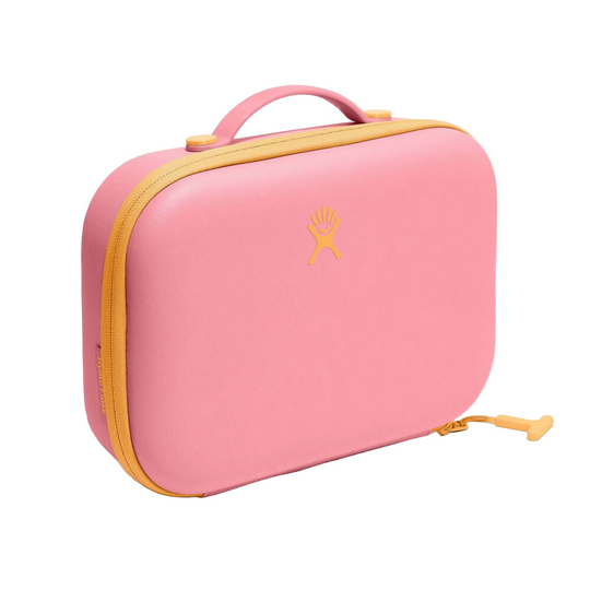 Pink travel case with yellow zipper on a white background