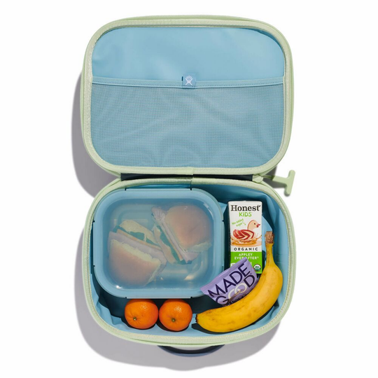 Lunch box with a sandwich, fruit, and juice box on a white background