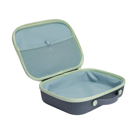 Blue and green suitcase with open lid on a white background