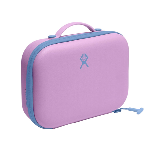 Pink travel case with blue accents on a white background