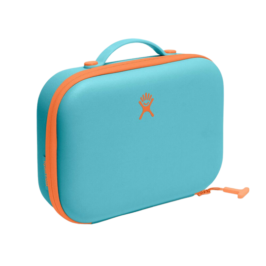 A turquoise blue hard-shell case with bright orange trim, zipper, handle, and logo, shown on a plain white background.