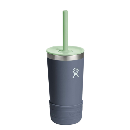 A Hydro insulated tumbler in slate blue with a mint green straw lid, shown on a plain white background.