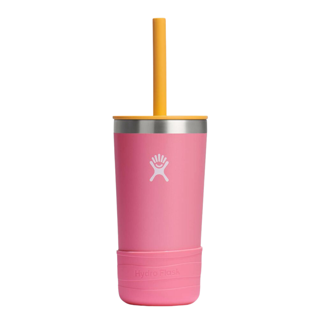 A pink Hydro Flask tumbler with a yellow straw and yellow lid rim, featuring the Hydro Flask logo on the front, set against a plain white background.