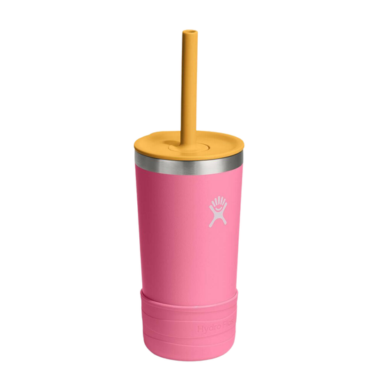 A pink Hydro insulated tumbler with a yellow lid and straw, featuring a silver stainless steel rim and a white Hydro logo on the front, set against a plain white background.