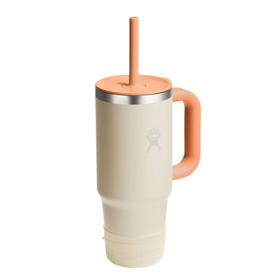 A cream-colored insulated travel tumbler with a peach-colored handle, lid, and straw, featuring a silver metal band and a gray HydroJug logo on the front, set against a plain white background.