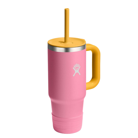 A pink insulated tumbler with a yellow handle, yellow lid, and yellow straw, featuring a silver metallic band and a white logo on the front, set against a plain white background.