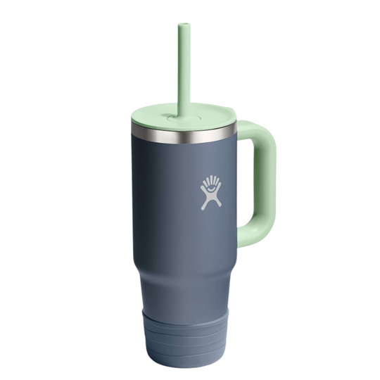 A dark slate blue insulated tumbler with a mint green handle, lid, and straw, featuring the white HydroJug logo on the front.