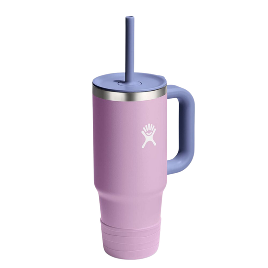 A lavender purple insulated travel tumbler with a matching purple handle and lid, featuring a silver stainless steel rim and a white logo on the front, complete with a purple straw, set against a plain white background.