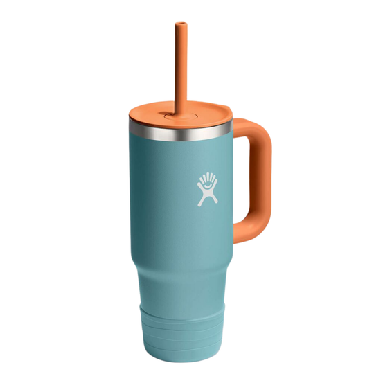 A light blue insulated travel tumbler with a handle, a matching light blue lid and straw, and a silver band near the lid. The tumbler features a white logo on the front and is shown on a plain white background.