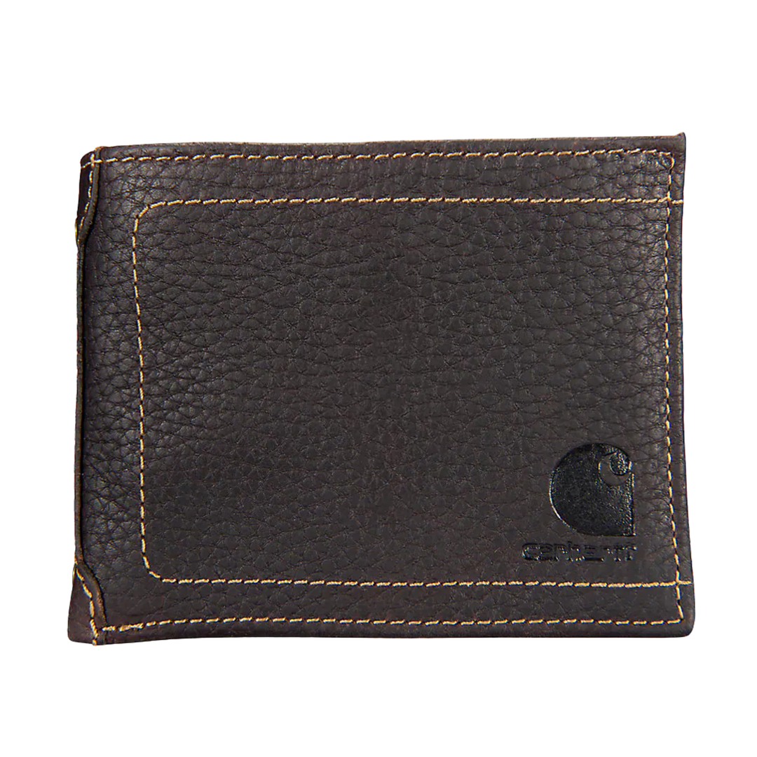 Brown leather wallet with visible Carhartt logo on a white background