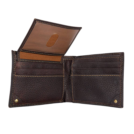 Brown leather wallet open on a white background