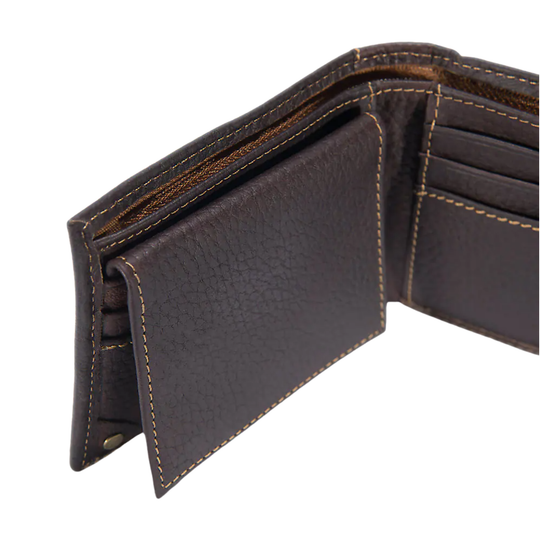 A dark brown textured leather bifold wallet shown open, displaying its interior card slots, pockets, and contrast stitching on a white background.