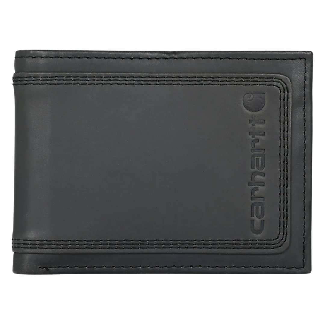 A black leather bi-fold wallet with a debossed Carhartt logo on the right side, featuring contrast stitching and a stitched border design.