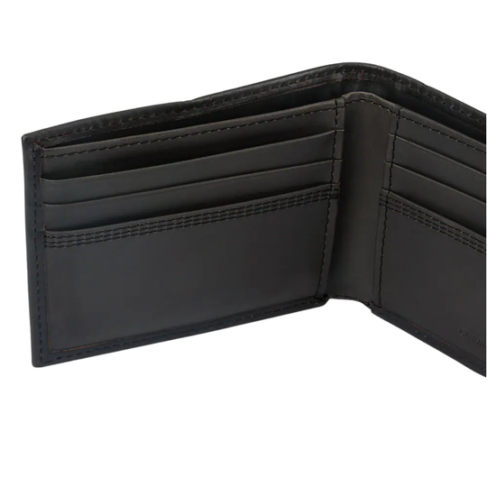 Black leather wallet open on a white background