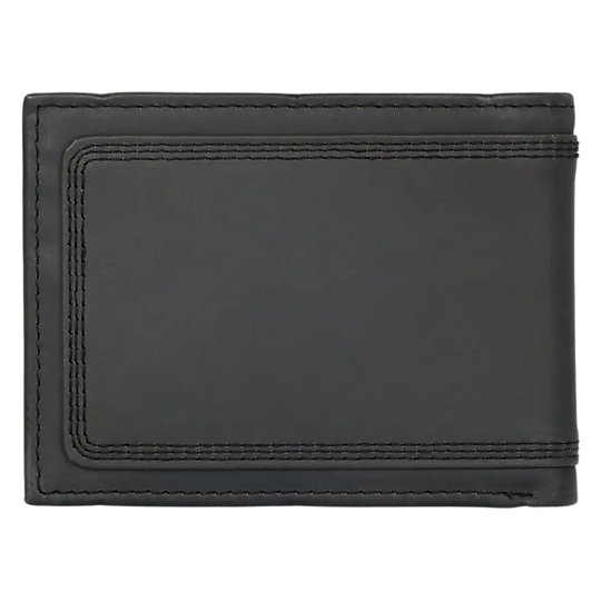 A black leather bifold wallet with contrast stitching, shown flat against a plain white background.