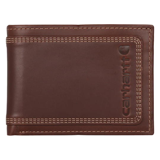 A brown leather bi-fold wallet with light tan contrast stitching and an embossed Carhartt logo on the right side, shown against a plain white background.