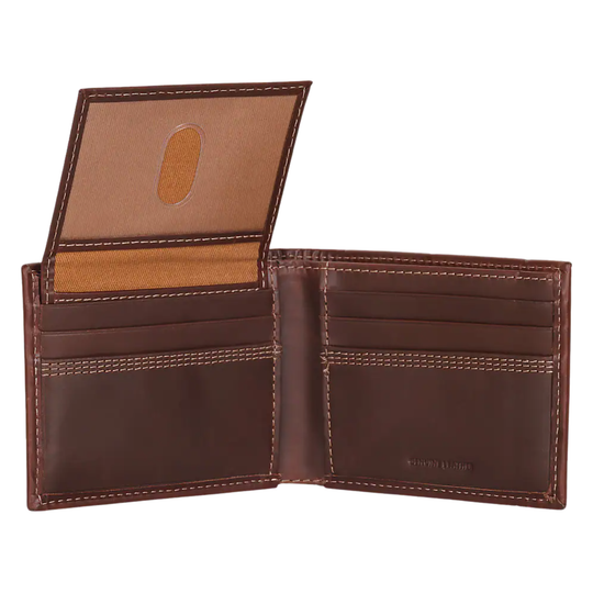 Brown leather wallet open on a white background