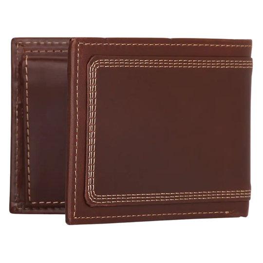 A dark brown leather bifold wallet with light tan contrast stitching, shown in a front and back view against a plain white background.