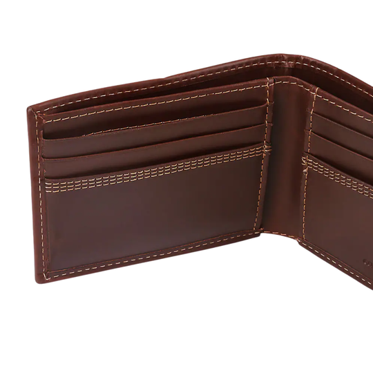 Brown leather wallet open on a white background