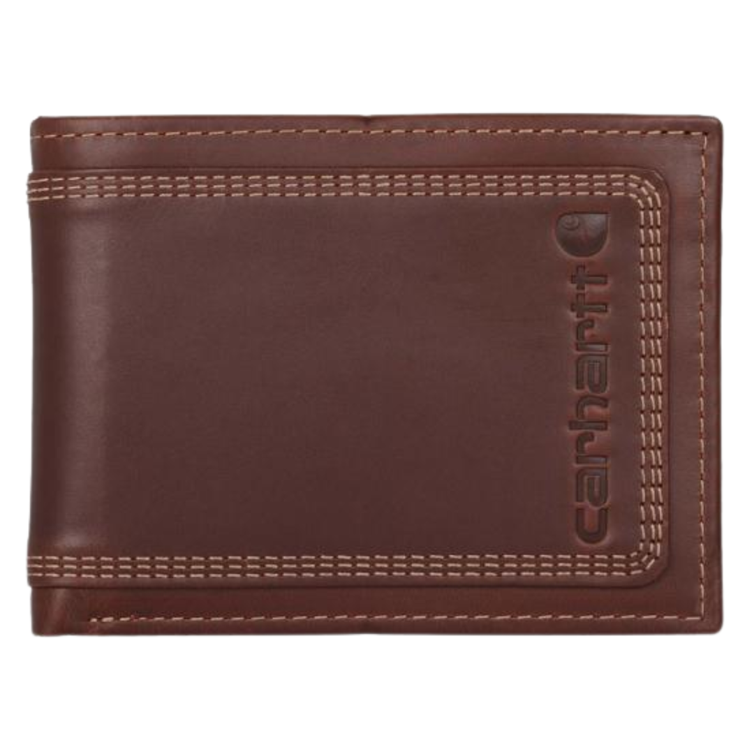 A brown leather bi-fold wallet with light tan contrast stitching and an embossed Carhartt logo on the right side, shown against a plain white background.
