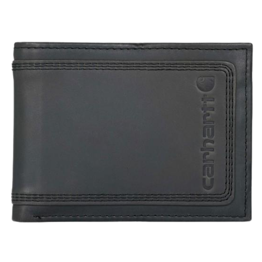 A black leather bifold wallet with a debossed Carhartt logo on the right side, shown against a plain white background.
