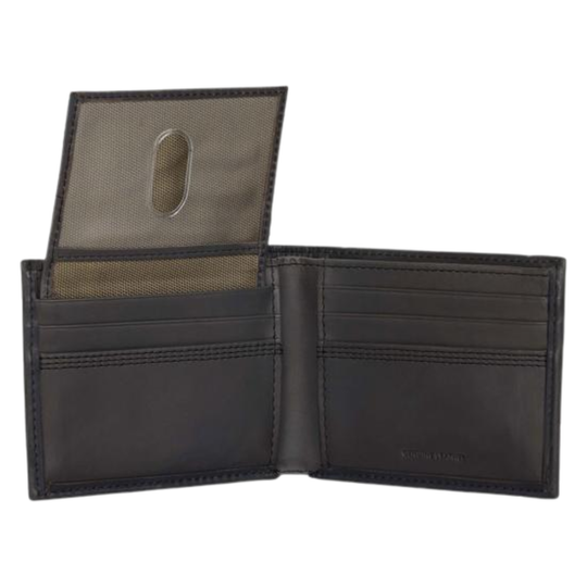 Black leather wallet with a card holder on a white background
