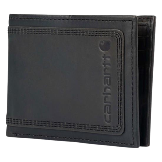 A black leather bi-fold wallet with a debossed Carhartt logo on the front, shown against a plain white background.