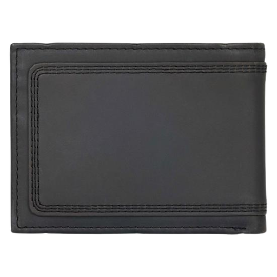 A black leather bi-fold wallet with contrast stitching, shown closed against a plain white background.