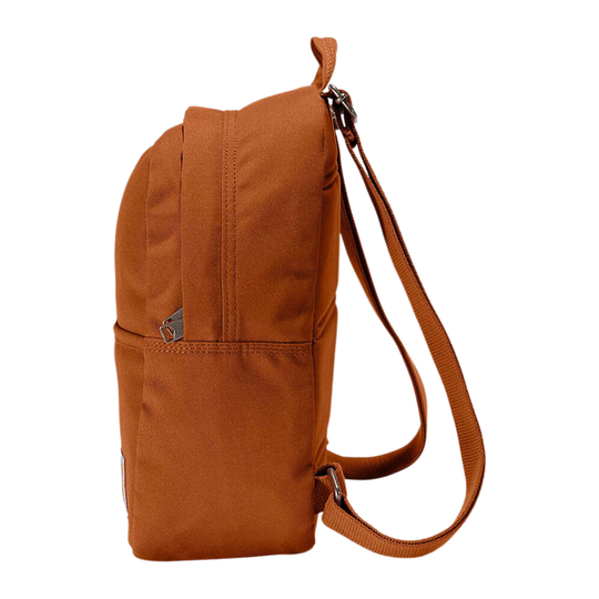 A brown canvas shoulder bag shown from the side profile against a solid white background.