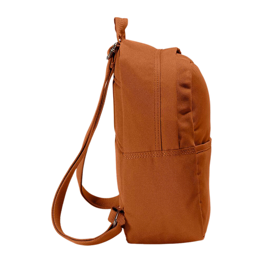 A small brown canvas backpack shown from the side on a plain white background.