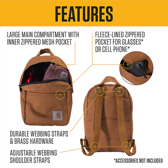 A product features infographic for a Carhartt backpack, showing front and back views with callout lines and text describing compartments, webbing straps, and a fleece-lined zipper pocket.