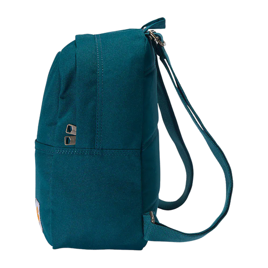 A dark teal canvas backpack shown from a side profile view against a solid white background.