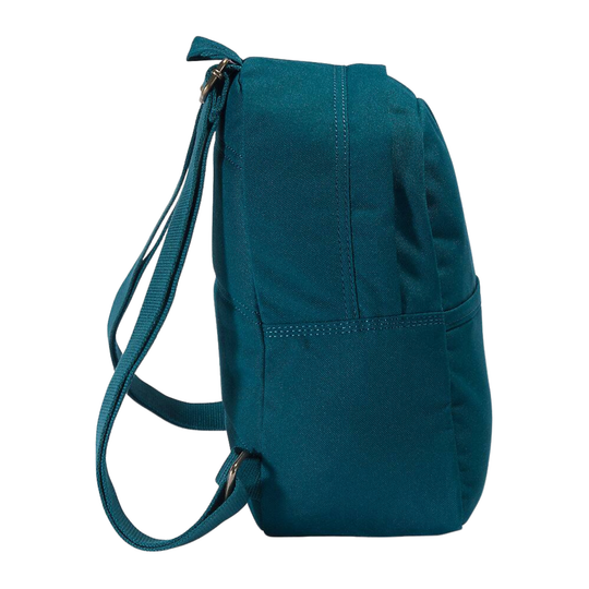 A teal blue canvas backpack shown from a side profile view against a solid white background.