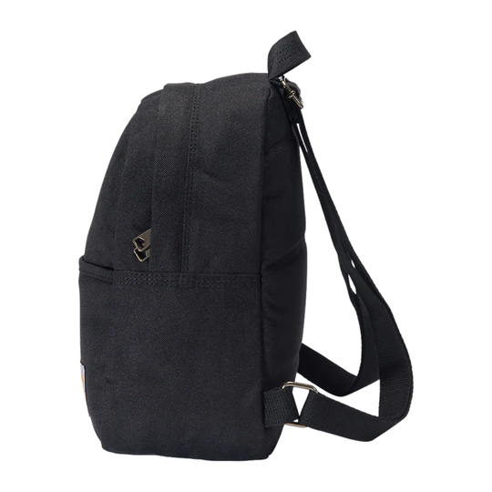 Black backpack with a strap on a white background
