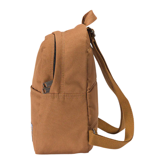 A brown canvas shoulder bag shown from a side profile view against a solid white background.