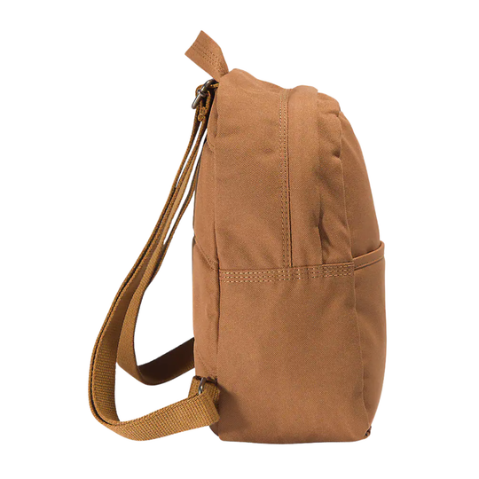 A small brown canvas backpack shown from a side profile view against a solid white background.