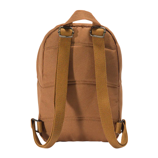 A brown canvas backpack shown from the back, featuring two adjustable brown webbing shoulder straps with silver metal buckles, set against a plain white background.