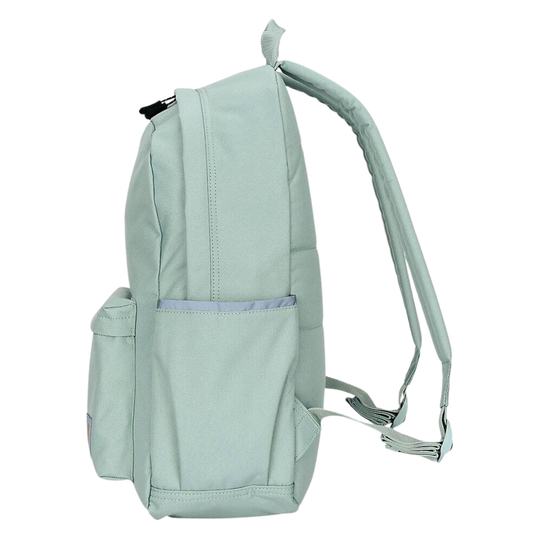 A light mint green canvas backpack with a side pocket and padded shoulder straps, shown from a three-quarter angle against a plain white background.