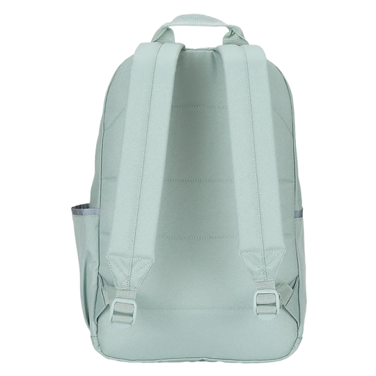 A light mint green backpack shown from the back, featuring padded shoulder straps, a top carry handle, side pockets, and plastic buckle closures, set against a plain white background.