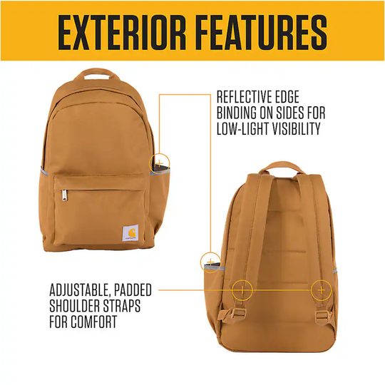 Brown backpack with features highlighted on a white background