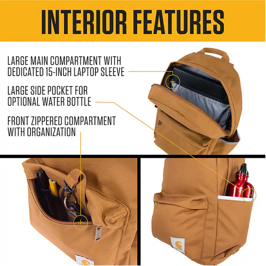 An interior features infographic showing a tan backpack with text callouts highlighting its compartments: a large main compartment with a 15-inch laptop sleeve, a large side pocket for an optional water bottle, and a front zippered compartment for organization. Three inset photos demonstrate the backpack's interior layout on a white background with a yellow header.