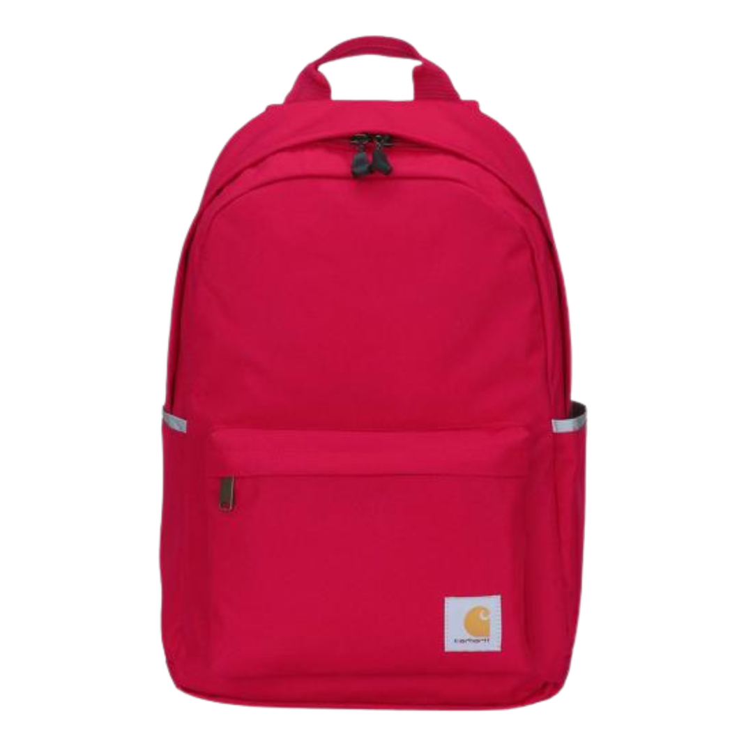 Red backpack with a visible brand logo on a white background
