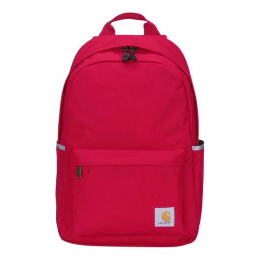 Red backpack with a visible brand logo on a white background