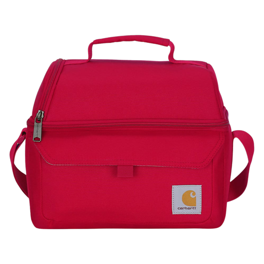 A bright red soft-sided shoulder bag with a top handle, front zip pocket, and adjustable shoulder strap, shown on a plain white background.
